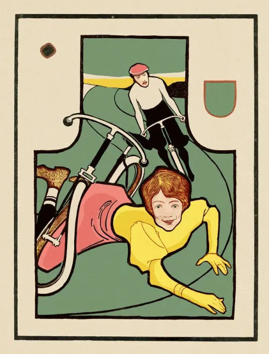 Framed Print : Young woman in dress with bicycle falling after crash art nouveau 1897