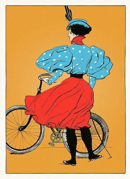 Young woman in dress with bicycle on orange background art nouveau 1897