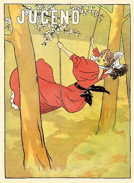 Young woman in dress on swing in forest art nouveau 1896