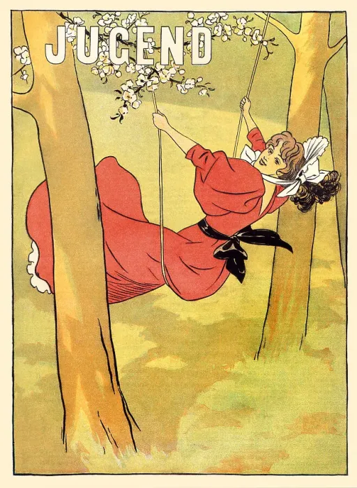 Framed Print : Young woman in dress on swing in forest art nouveau 1896 Framed Print : Young woman in dress on swing in forest art nouveau 1896