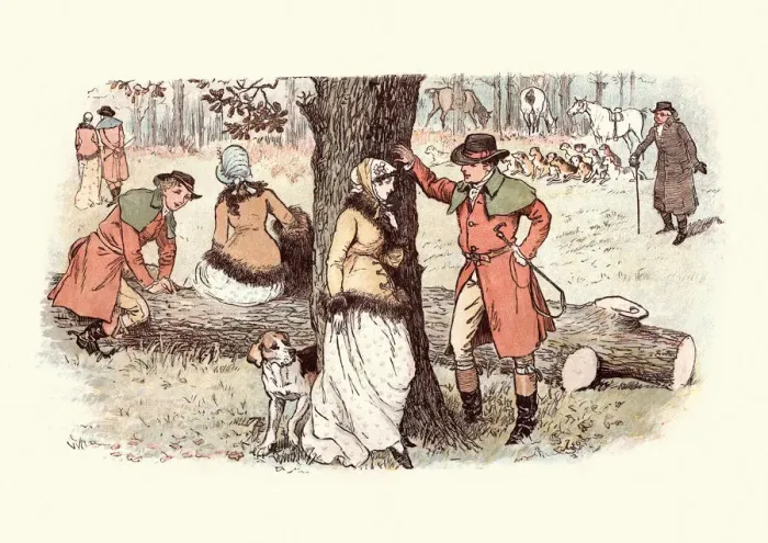 Framed Print : Young woman flirting with huntsmen, 19th Century Framed Print : Young woman flirting with huntsmen, 19th Century