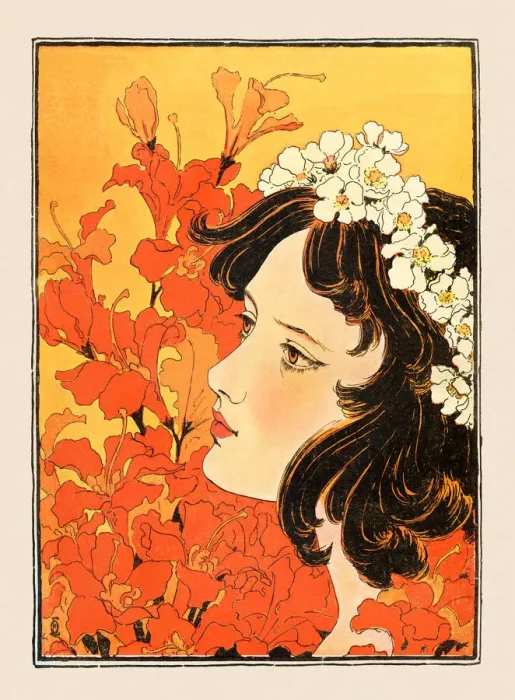 Framed Print : Young woman with floral garland in nature dreaming art nouveau 1897 Framed Print : Young woman with floral garland in nature dreaming art nouveau 1897