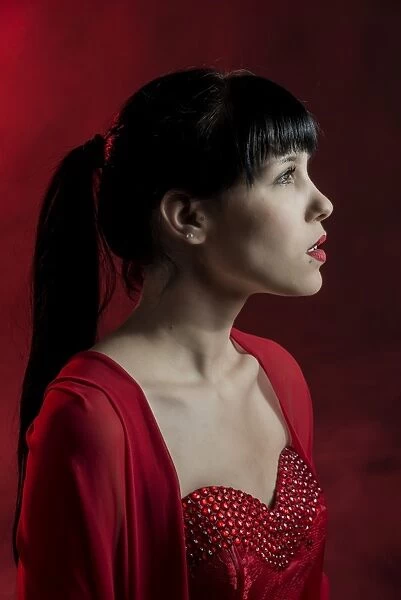 Young woman with long black hair in a red dress, portrait