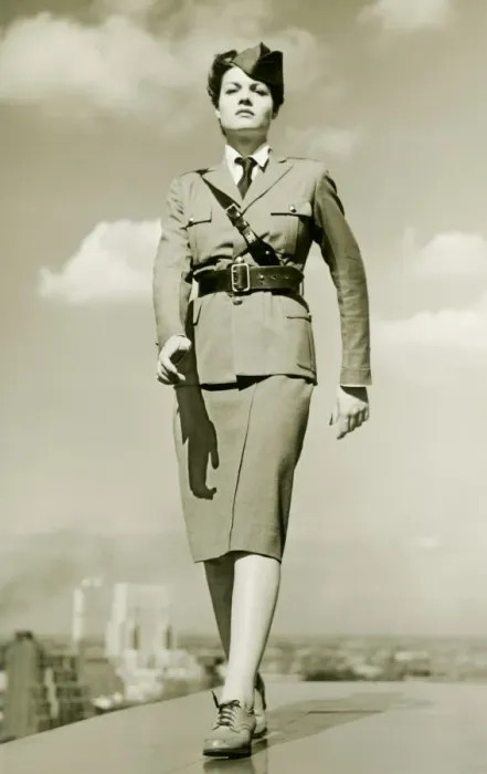 Framed Print : Young woman in military outfit marching on rooftop, portrait