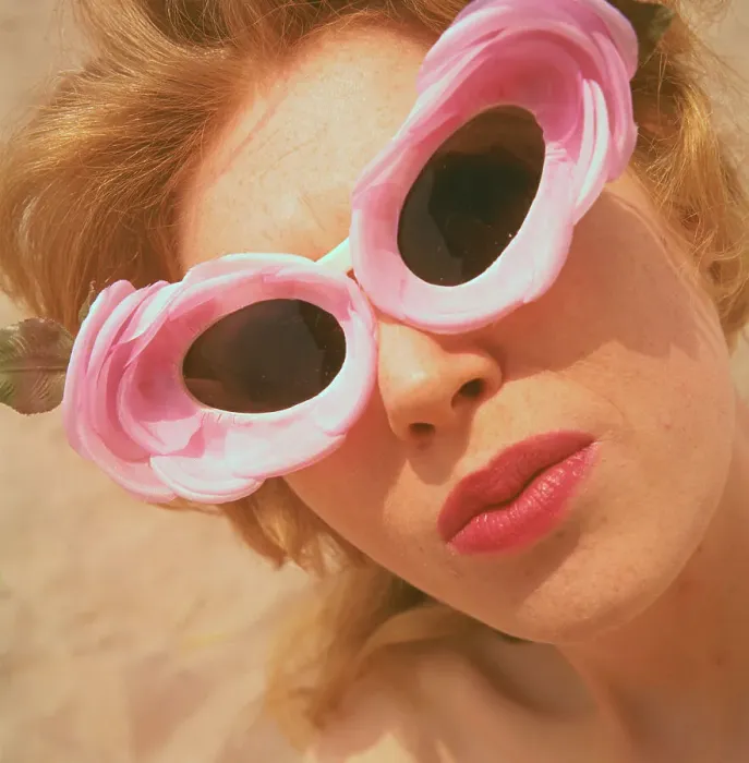 Framed Print : Young Woman Modeling Array of Decorative Sunglasses for the Beach Framed Print : Young Woman Modeling Array of Decorative Sunglasses for the Beach