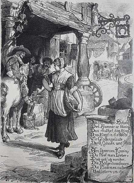 Young woman passing a blacksmith's shop, blacksmith and his customer on horseback looking after the woman, 1881, France, Historic, digitally restored reproduction of an original 19th-century artwork