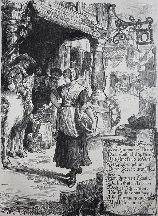 Framed Print : Young woman passing a blacksmith's shop, blacksmith and his customer on horseback looking after the woman, 1881, France, Historic, digitally restored reproduction of an original 19th-century artwork Framed Print : Young woman passing a blacksmith's shop, blacksmith and his customer on horseback looking after the woman, 1881, France, Historic, digitally restored reproduction of an original 19th-century artwork