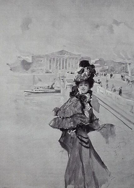 Young woman in the posh dress in Paris, 1890, France, Historic, digital reproduction of an original 19th century original