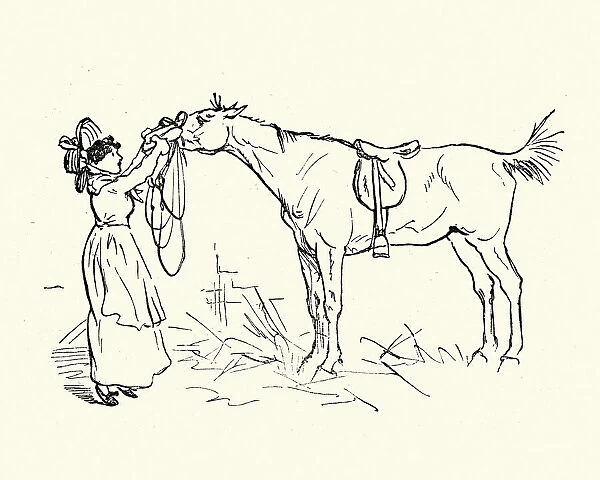Young woman putting a harness on a horse, Victorian