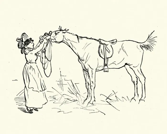 Framed Print : Young woman putting a harness on a horse, Victorian Framed Print : Young woman putting a harness on a horse, Victorian