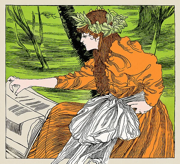 Young woman reading book in nature at spring art nouveau 1896
