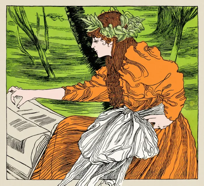 Framed Print : Young woman reading book in nature at spring art nouveau 1896 Framed Print : Young woman reading book in nature at spring art nouveau 1896