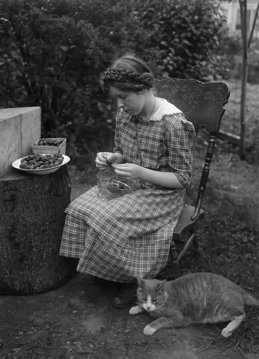 Framed Print : Young woman stoning prunes with cat laying beside Framed Print : Young woman stoning prunes with cat laying beside
