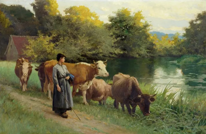 Framed Print : Young Woman by a Stream with Cattle, 1902 Framed Print : Young Woman by a Stream with Cattle, 1902