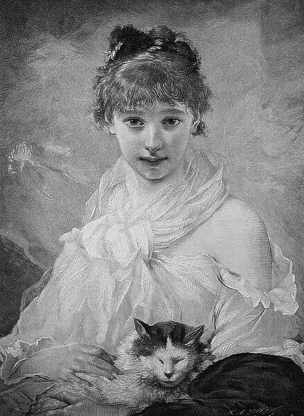 Young woman stroking her cat, 1880, Germany, Historical, digital reproduction of an original 19th century painting, original date not known
