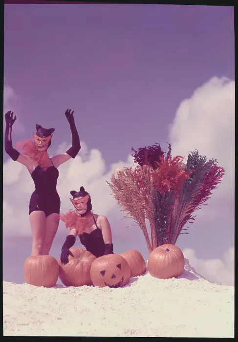 Framed Print : Young Women in Costume Posing on Beach with Pumpkins