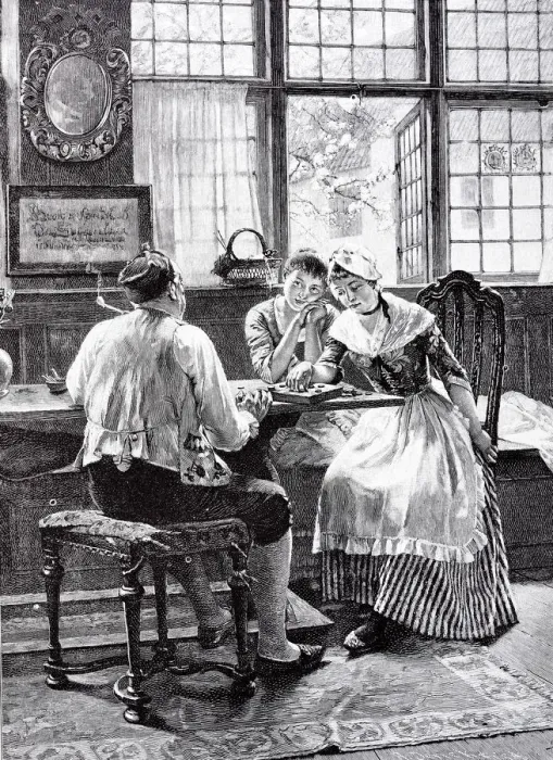 Framed Print : Two young women and an elder man playing a game at table Framed Print : Two young women and an elder man playing a game at table
