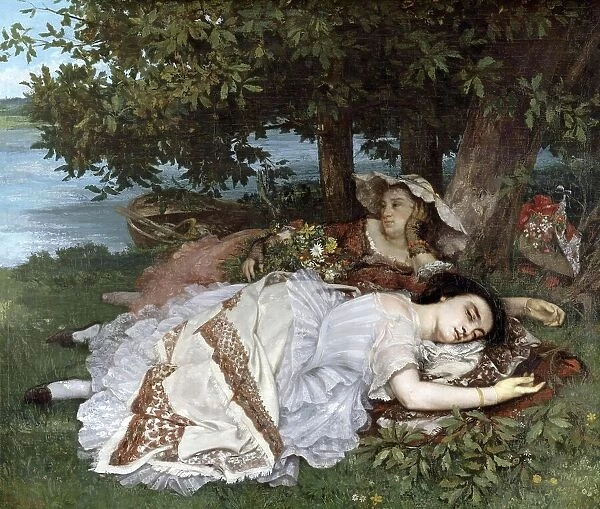 Young Women Lying by the Seine in Summer in Paris, France, Painting by Jean Desire Gustave Courbet (10 June 1819-31 December 1877), Historic, digitally restored reproduction from a 19th century original