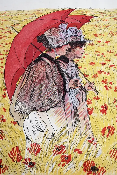 Framed Print : Young women with red parasol walking in field of poppies on a summers day, Vintage illustration, Art Nouveau, Jugendstil, German, 1890s 19th Century Framed Print : Young women with red parasol walking in field of poppies on a summers day, Vintage illustration, Art Nouveau, Jugendstil, German, 1890s 19th Century