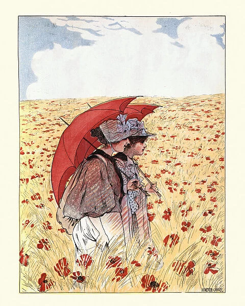 Young women walking through a poppy meadow on summers day