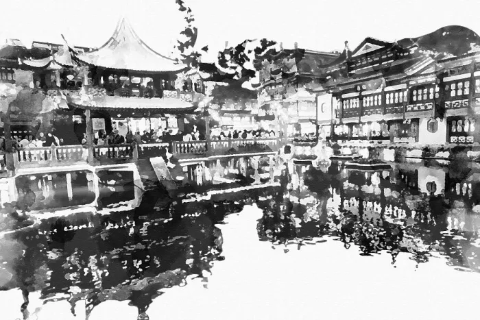 Framed Print : Yu Garden in Shanghai, night view, ink painting style Framed Print : Yu Garden in Shanghai, night view, ink painting style
