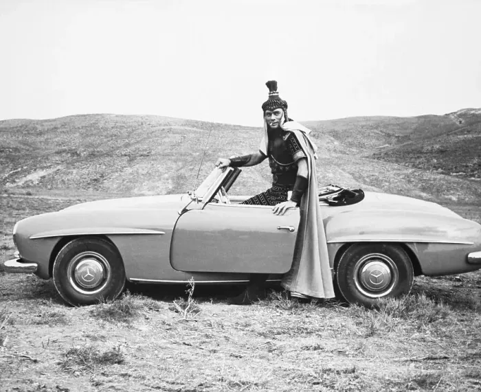 Framed Print : Yul Brynner in Costume with His Mercedes Framed Print : Yul Brynner in Costume with His Mercedes