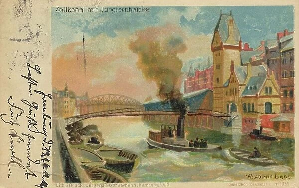 Zollkanal with Jungfernbruecke, Hamburg, Germany, postcard with text, view around ca 1910, historical, digital reproduction of a historical postcard, public domain, from that time, exact date unknown