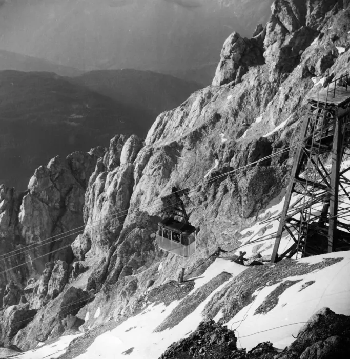 Framed Print : Zugspitze. 1957: A cable car ascending to the top of Zugspitze in the Austrian Tyrol