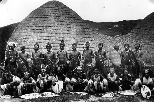 Zulu Men. circa 1900: Zulu warriors with shields