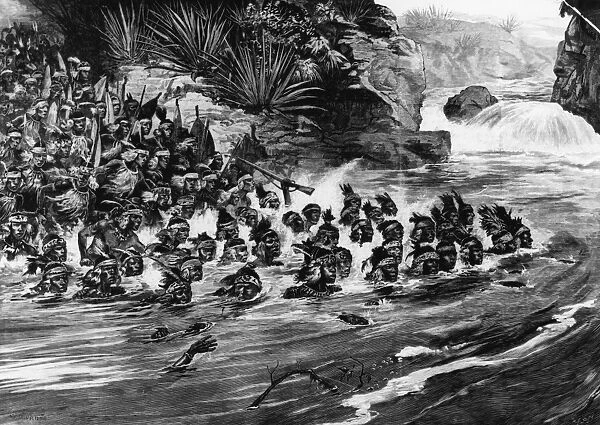 Zulus At War. Zulu warriors crossing a river during the Anglo-Zulu War of 1879