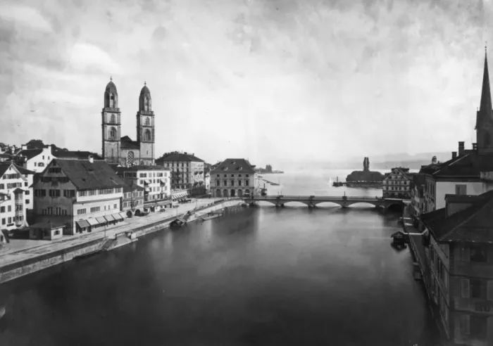 Framed Print : Zurich. circa 1900: Bridge over the river in Zurich Framed Print : Zurich. circa 1900: Bridge over the river in Zurich