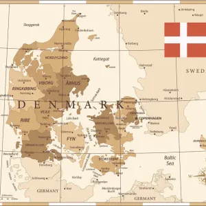 Denmark Vintage Golden 10 Map Print Denmark Vintage Golden 10 Map Print