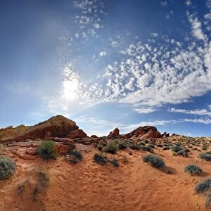 360 panorama of the red sandstone formations at Rainbow Vista sky with cloudy sky, Valley of Fire, Nevada, United States