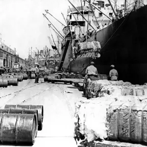 521, adults, antique, barrels, black & white, boats, cargo, cotton, cotton bales