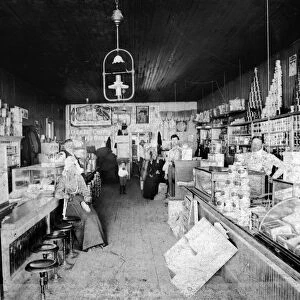 521, adults, antique, black & white, caucasian, counter, country store, female, general store