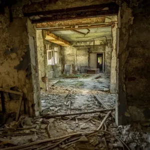An abandoned building in the deserted city of Pripyat, near the Chernobyl nuclear power plant