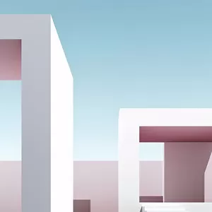 Abstract Architecture 3d render with buildings and stairs and Sky in background