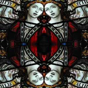 Abstract image: kaleidoscopic image of a colored stained glass window inside a church Abstract image: kaleidoscopic image of a colored stained glass window inside a church