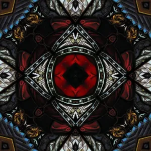 Abstract image: kaleidoscopic image of a colored stained glass window inside a church Abstract image: kaleidoscopic image of a colored stained glass window inside a church