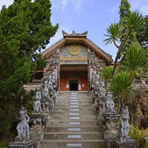 Access stairs, with preligious sayings on each step, of the Buddhist monastery Brahma Vihara, Banjar, North Bali, Bali, Indonesia