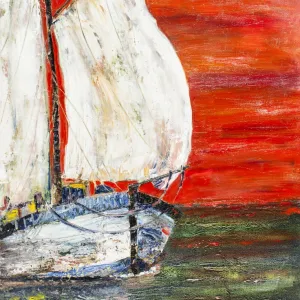 Acrylic oil painting of sailboat on ocean