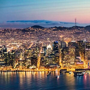 Aerial of downtown at dusk, San Francisco, USA