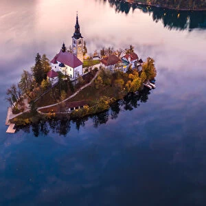 Aerial drone view of Bled island at sunset, Slovenia