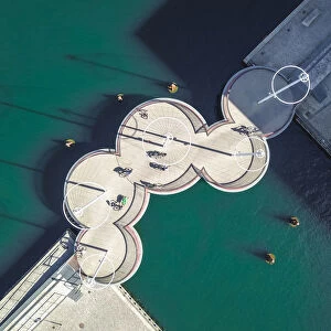 Aerial drone view of The Circle Bridge (Cirkelbroen) on the Inner Harbor of Copenhagen, Denmark