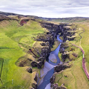 Aerial drone view of Fjadrargljufur canyon, Iceland