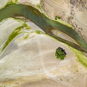 Aerial landscape view of river in Gobi desert, Mongolia