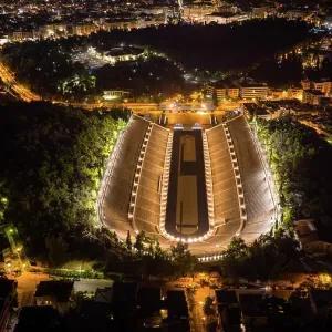 Aerial photo of the Panathinaic stadium in Athens, Greece at night Aerial photo of the Panathinaic stadium in Athens, Greece at night