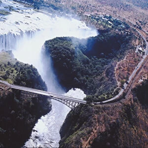 aerial view, africa, bridge, cascading, day, destination, landscape, mist, nature