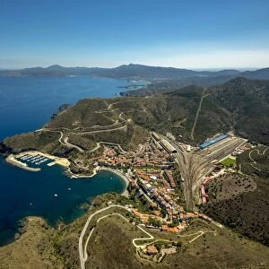Aerial view, border town, Mediterranean coast, bay, harbour, Portbou, Costa Brava, Catalonia, Spain
