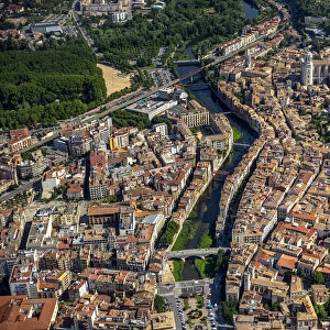 Aerial view, Girona Cathedral and Sant Feliu Church, old town, Girona, Catalonia, Spain